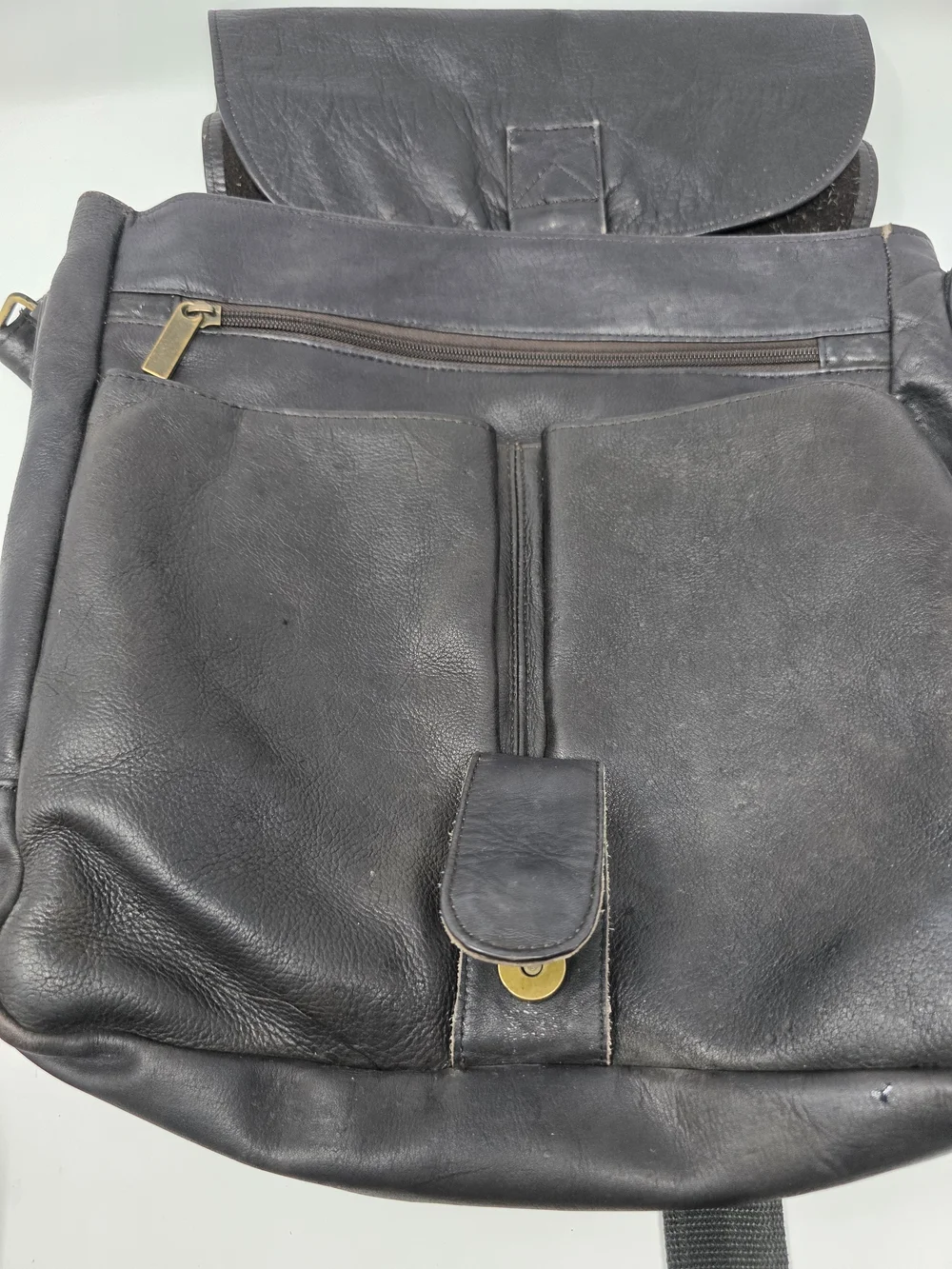 Black Genuine Leather Messenger Bag Crossbody Hair-On-Hide Interior Flap